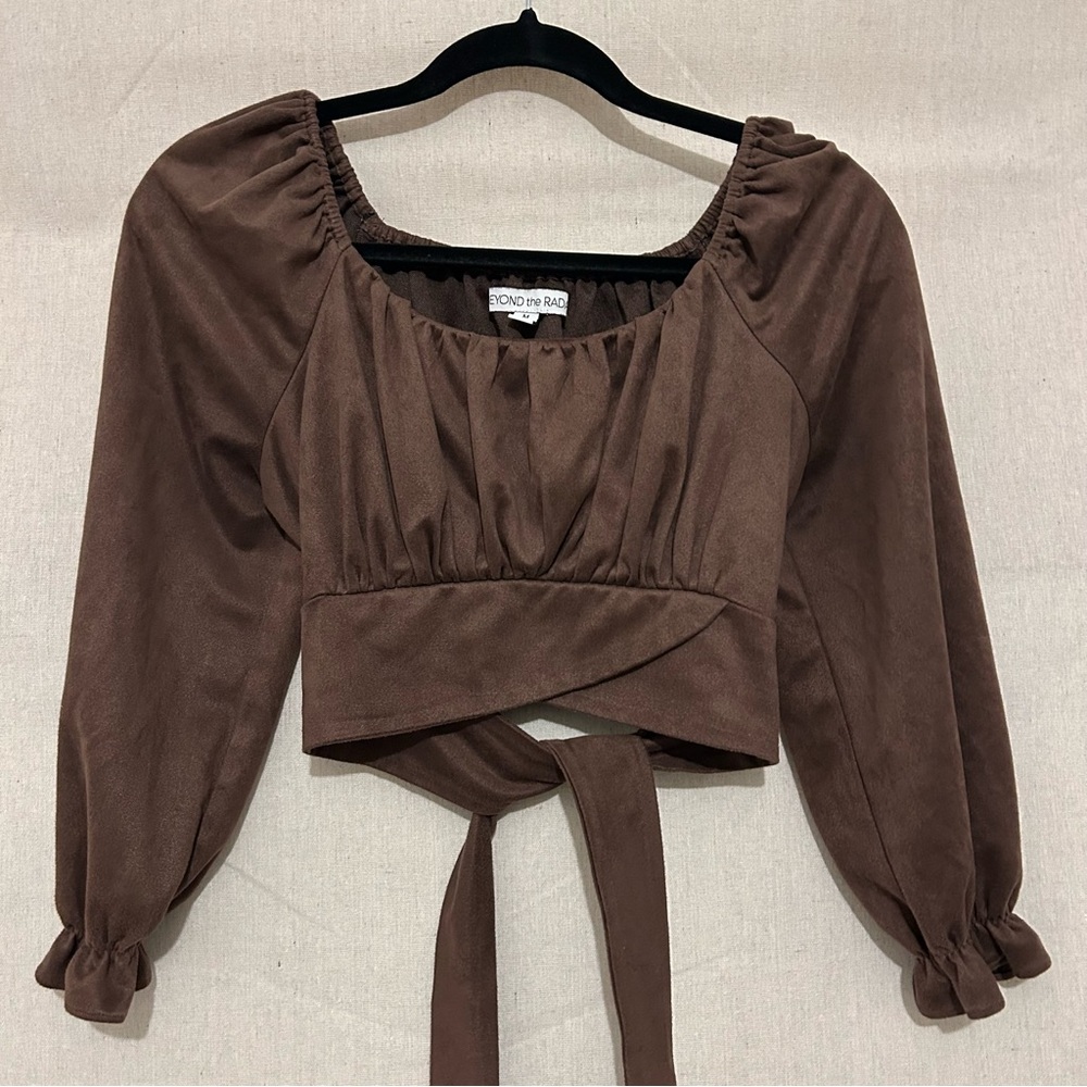 Faux Suede Brown Long Sleeve Western Blouse with Tie